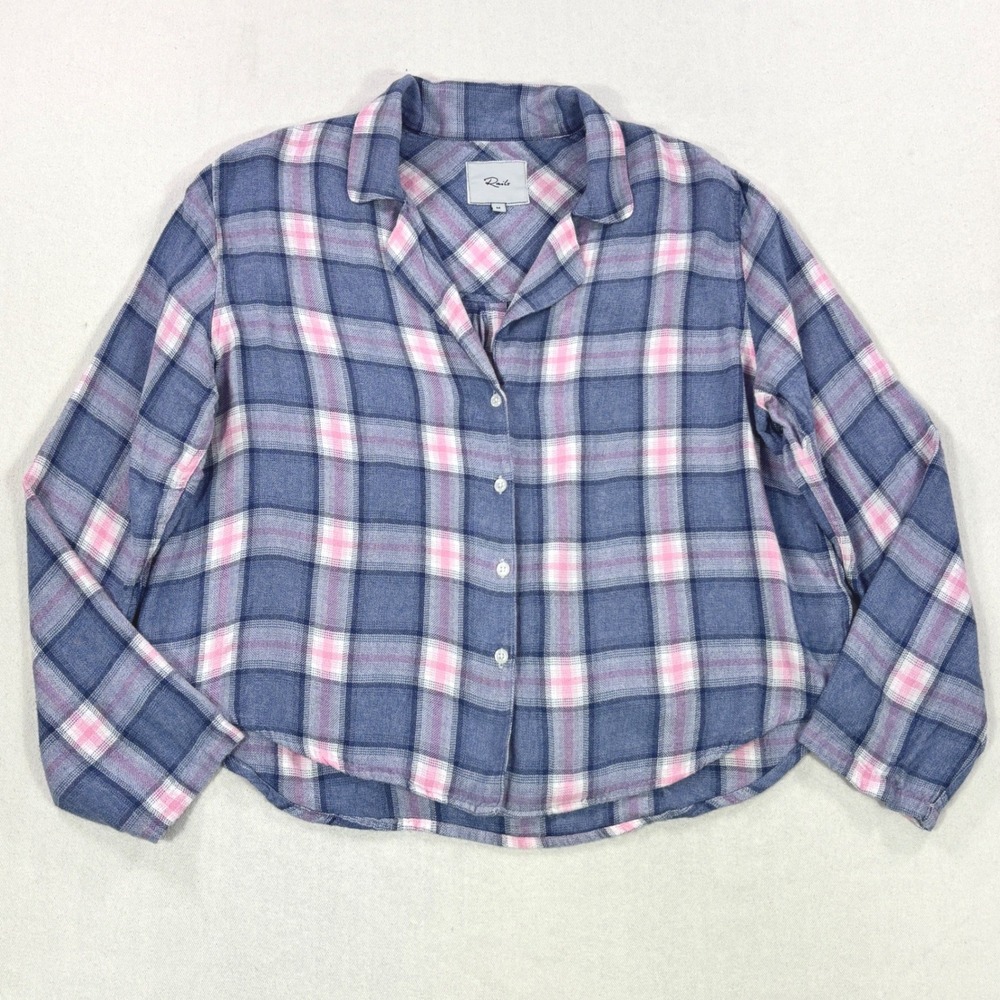 Rails Indigo Berry Plaid Rayon Pajama Top Blue Pink Button Down Shirt Medium